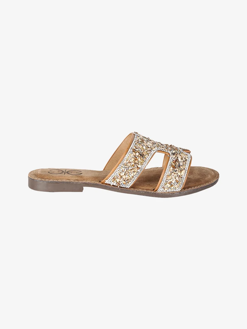 Ciabatte donna con strass e pietre colorate - cammello