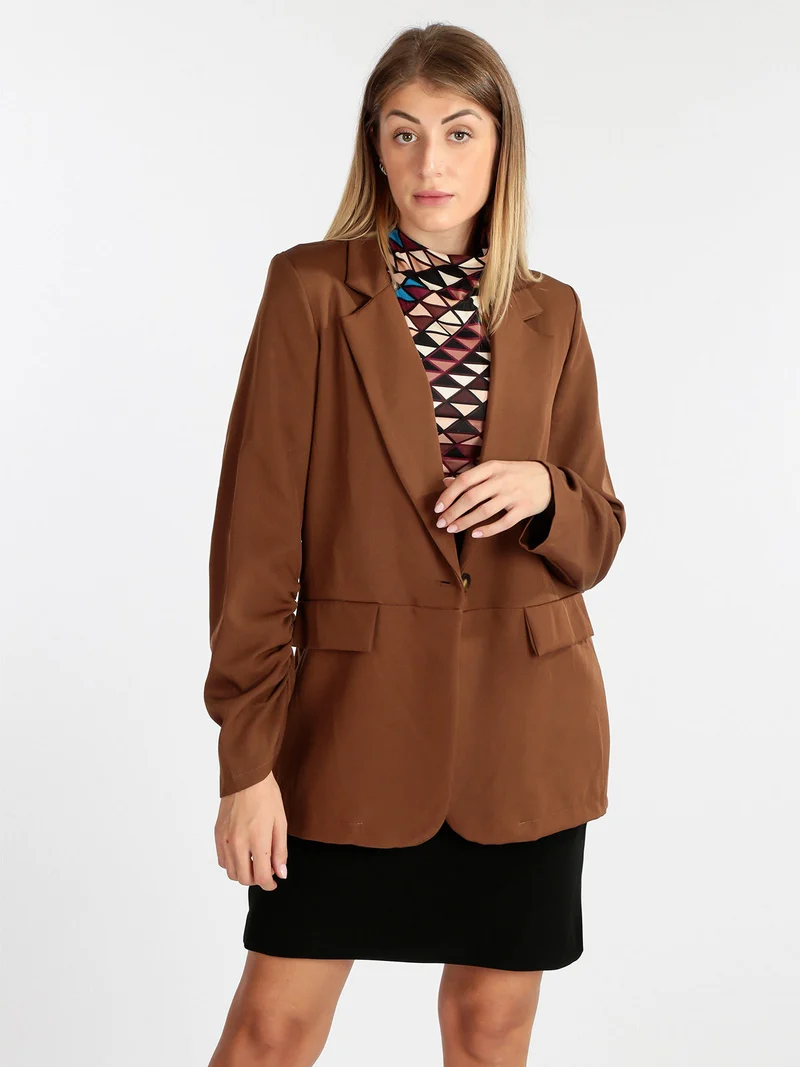 Blazer donna con maniche arricciate - cammello