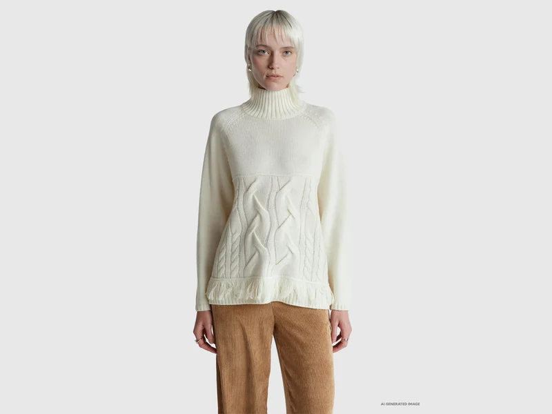 Oversize-Rollkragenpullover mit Fransen