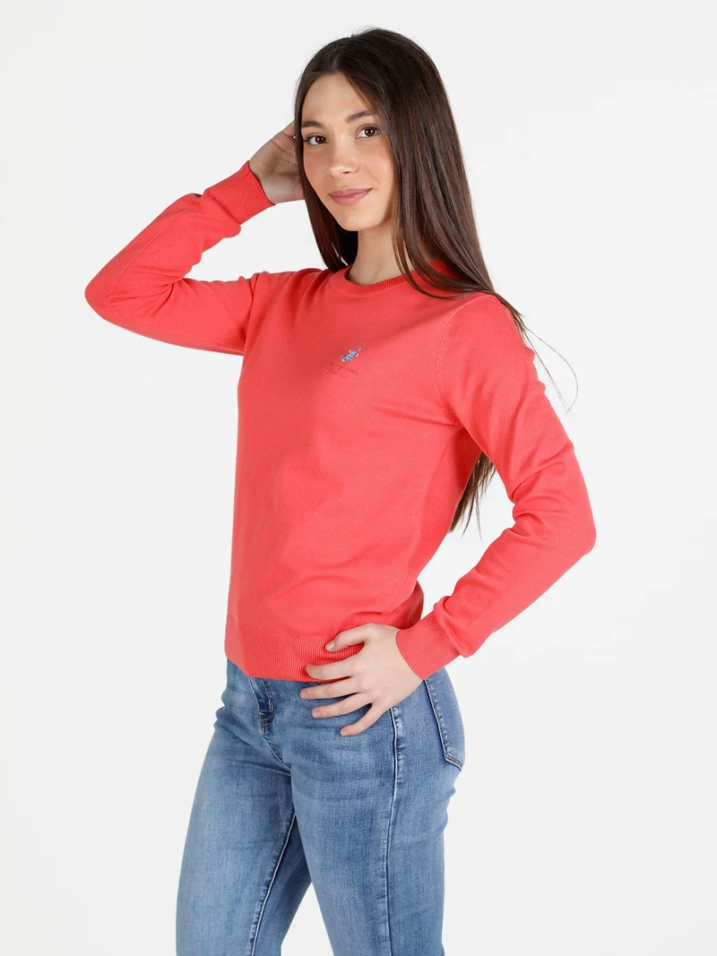 Pullover girocollo da donna in cotone - corallo