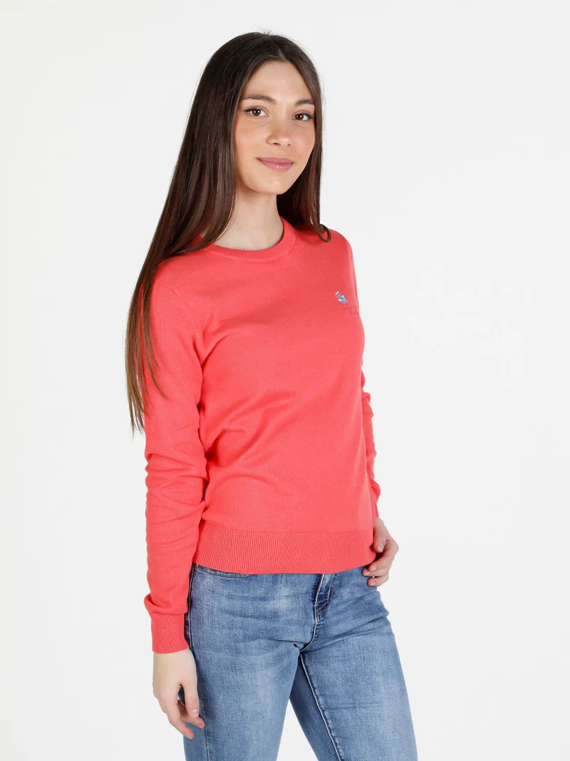 Pullover girocollo da donna in cotone - corallo