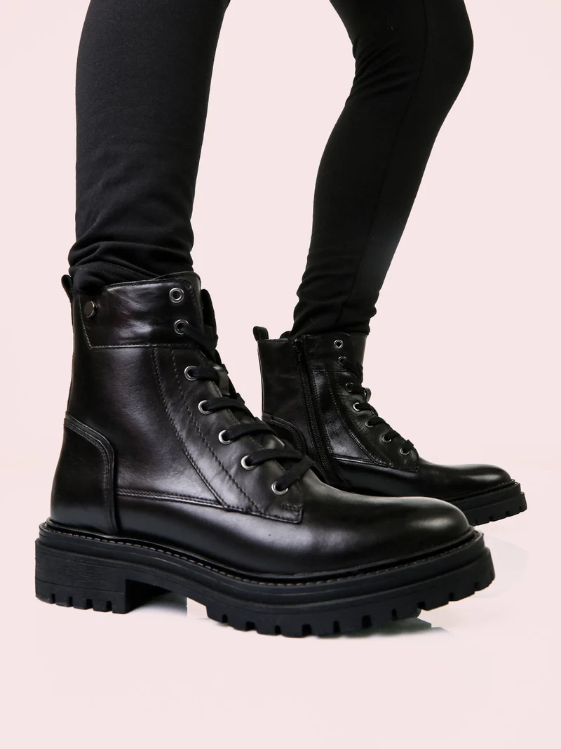 D IRIDEA C Anfibi donna in pelle con lacci e zip - nero