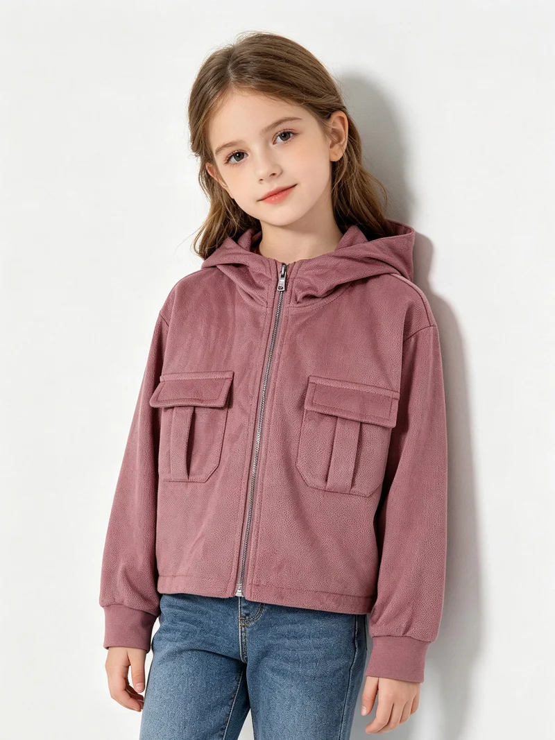 Felpa da bambina cropped con cappuccio e zip - rosa