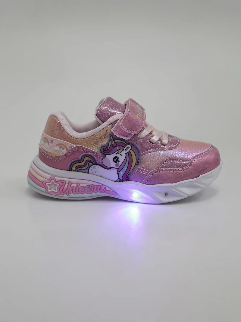 Sneakers da bambina con strappo e luci - fucsia