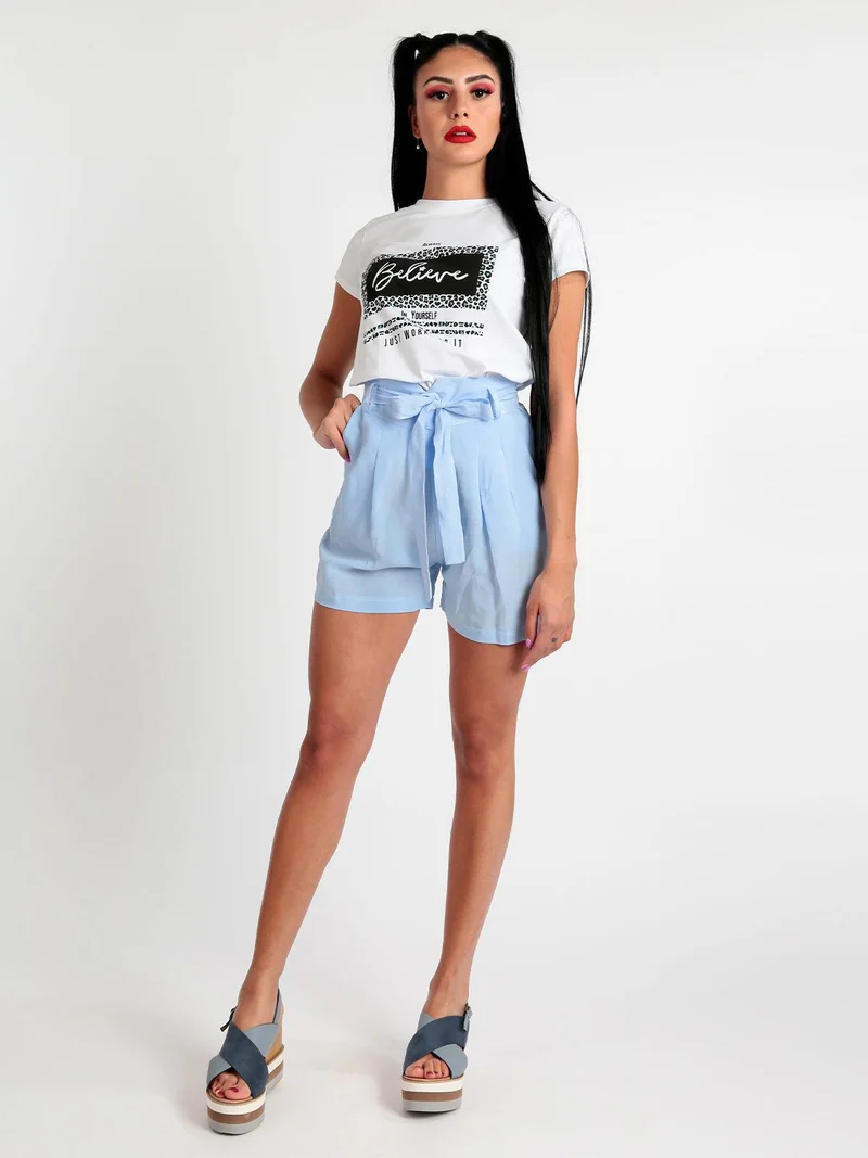Shorts a vita alta misto lino - azzurro