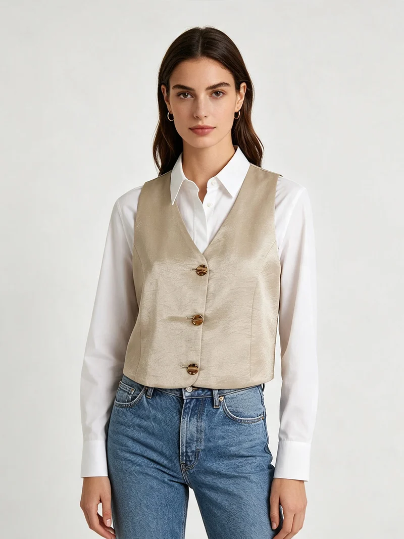 Gilet donna in tessuto cangiante con bottoni dorati - khaki