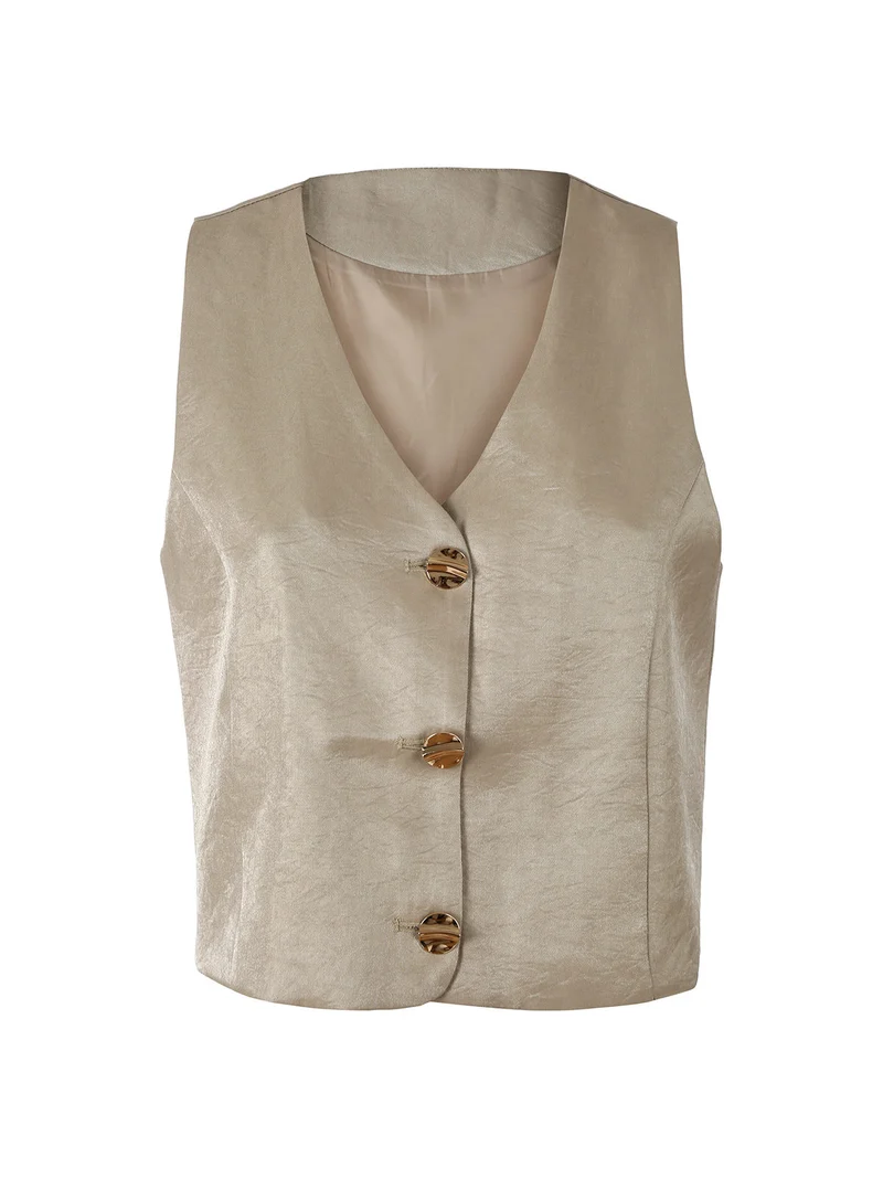 Gilet donna in tessuto cangiante con bottoni dorati - khaki
