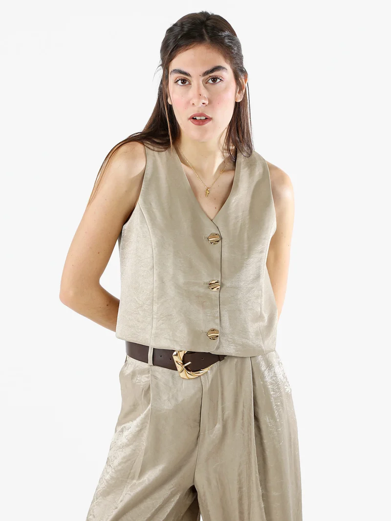 Gilet donna in tessuto cangiante con bottoni dorati - khaki