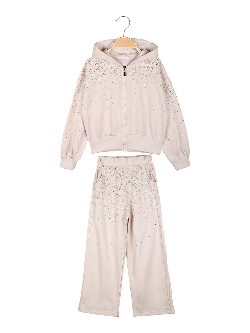 Completo tuta 2 pezzi da bambina con perle e strass - beige