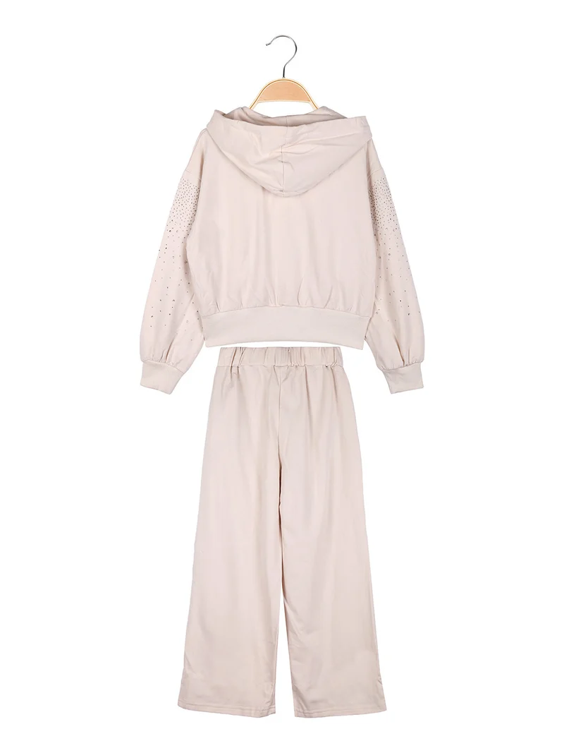 Completo tuta 2 pezzi da bambina con perle e strass - beige