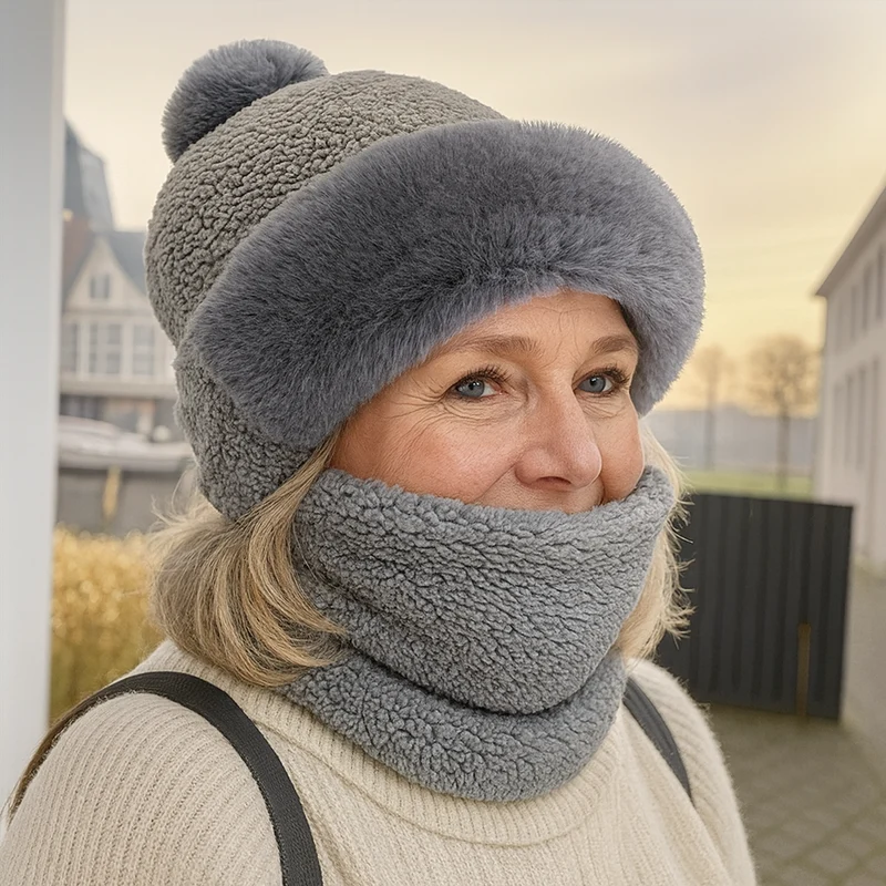 Winterfleece Mütze & Schal Set | Weich & Warm | Mit Pompon | Für Damen