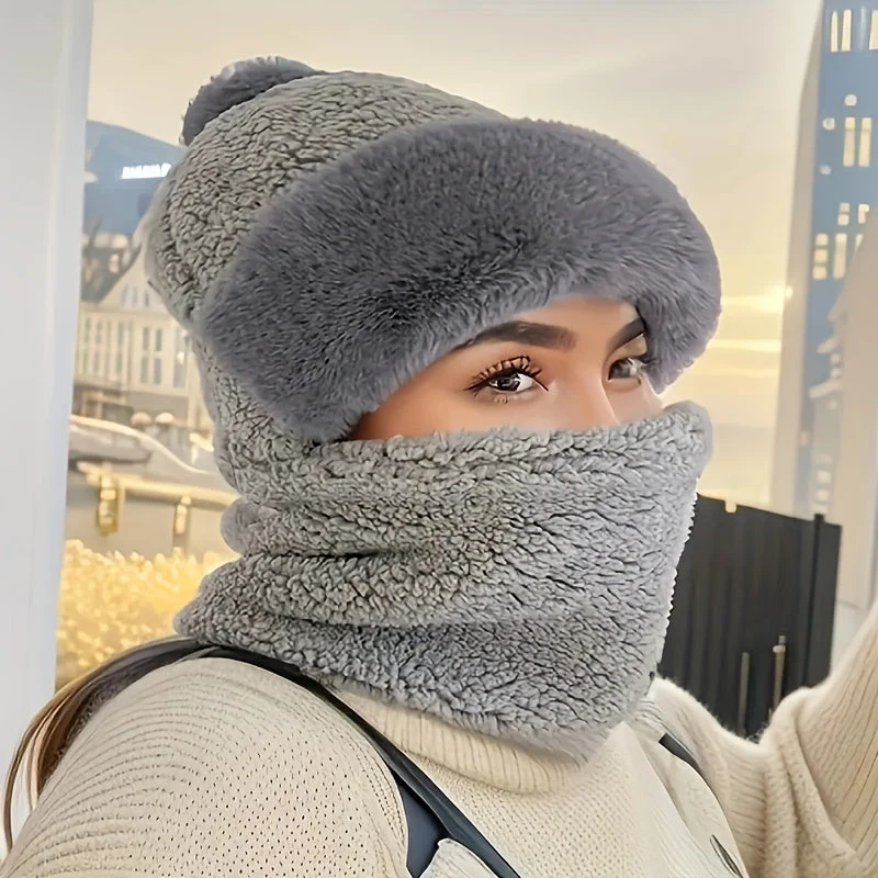 Winterfleece Mütze & Schal Set | Weich & Warm | Mit Pompon | Für Damen