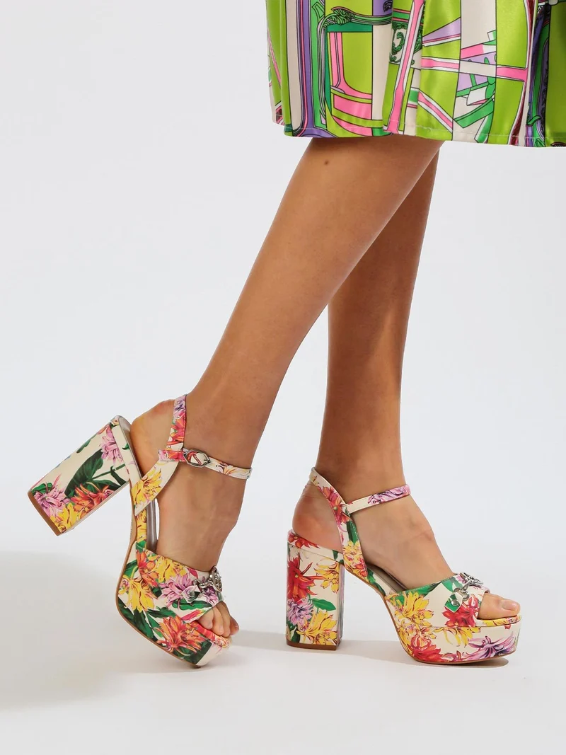 Sandali fiorati donna con tacco e plateau - multicolore