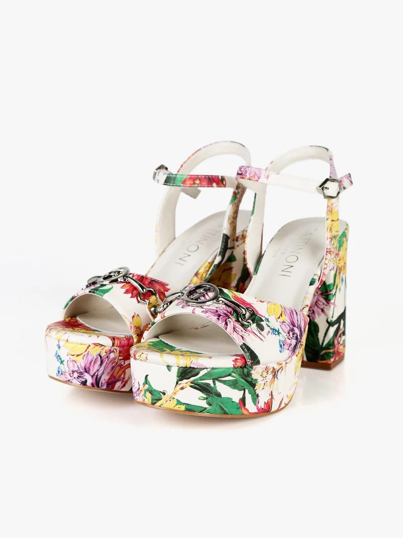 Sandali fiorati donna con tacco e plateau - multicolore