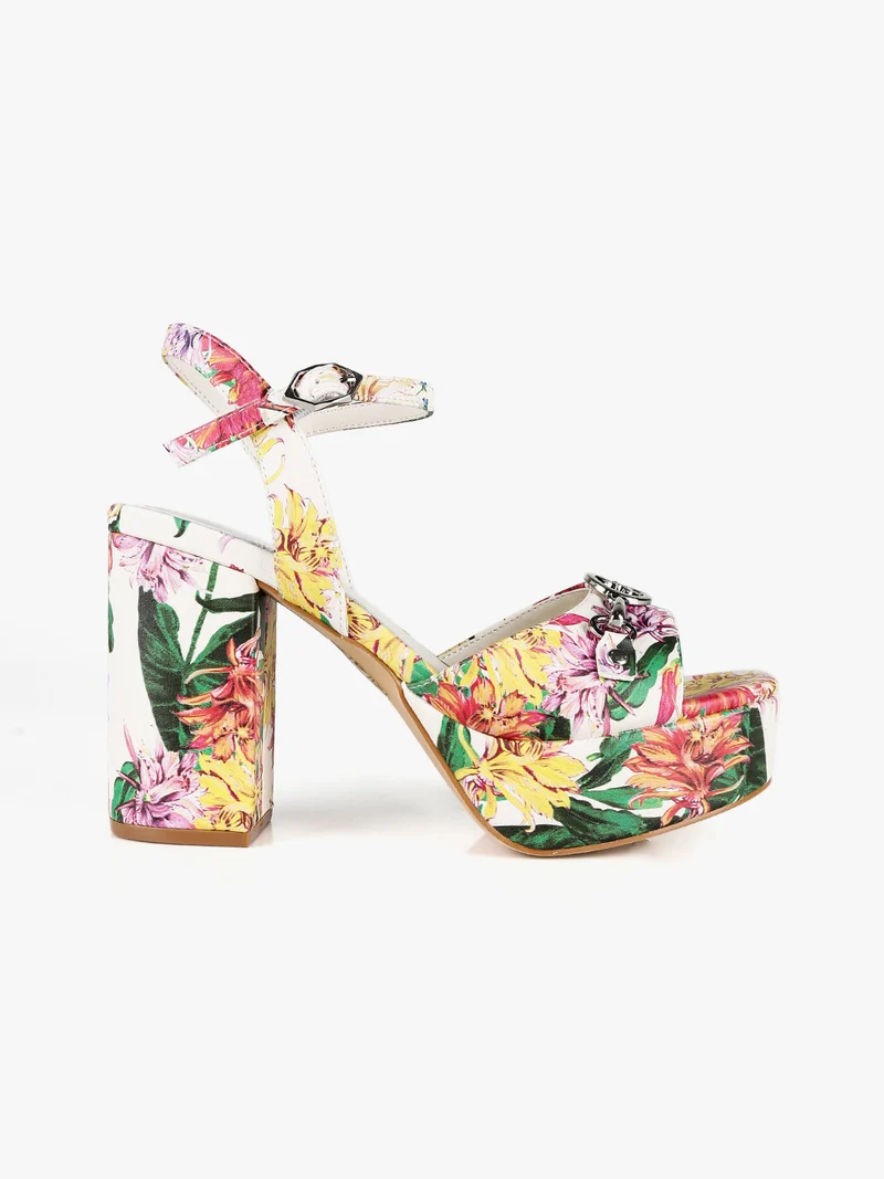 Sandali fiorati donna con tacco e plateau - multicolore