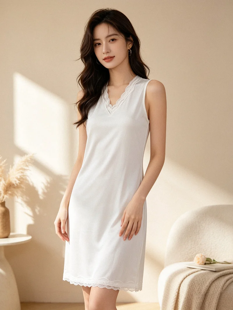Vestito da donna in cotone a spalla larga con pizzo - bianco