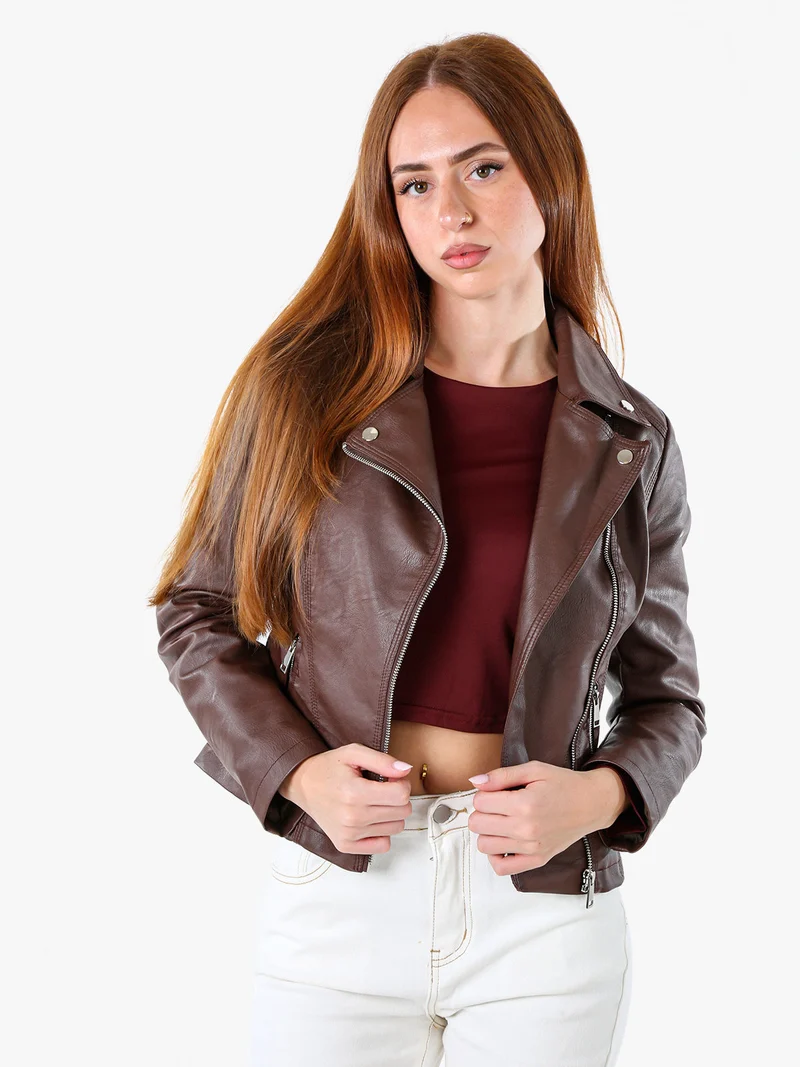 Giacca da donna biker in ecopelle - marrone