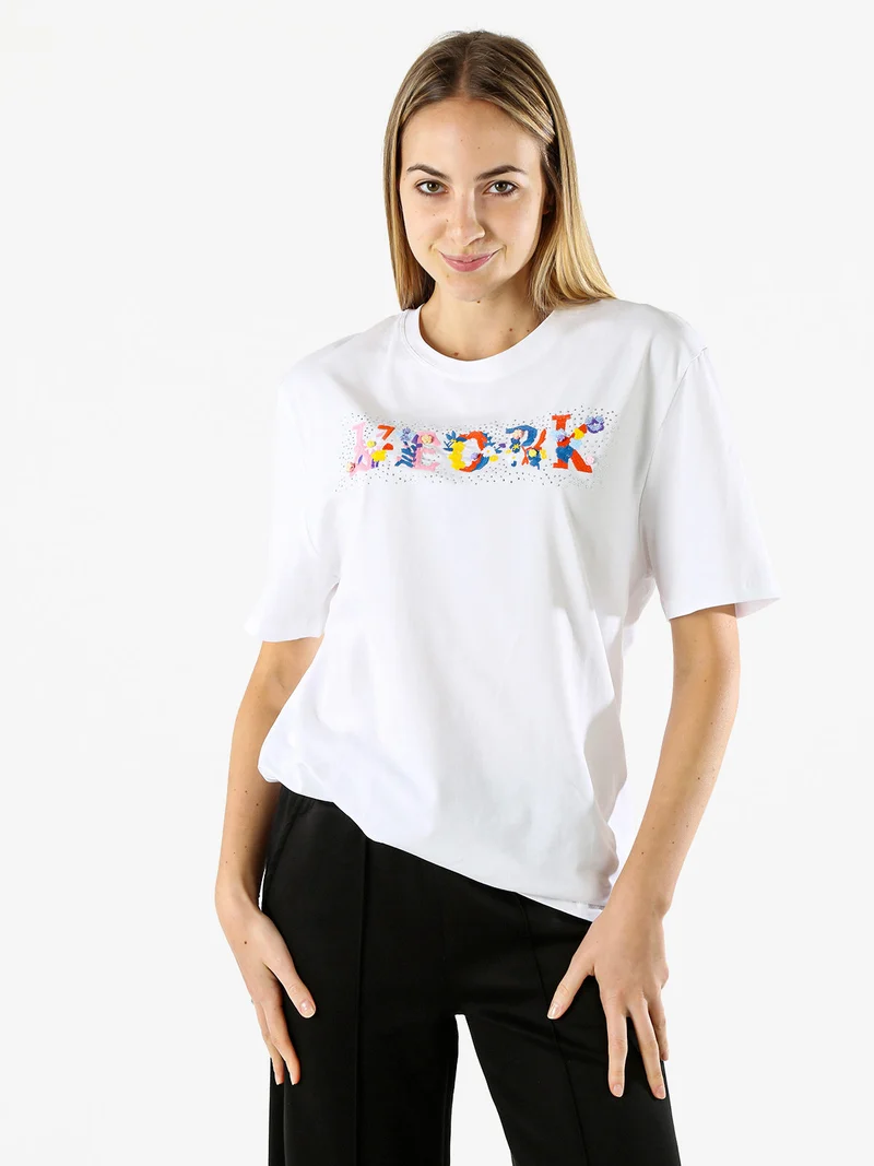 T-shirt donna in cotone oversize con ricami e strass - rosa