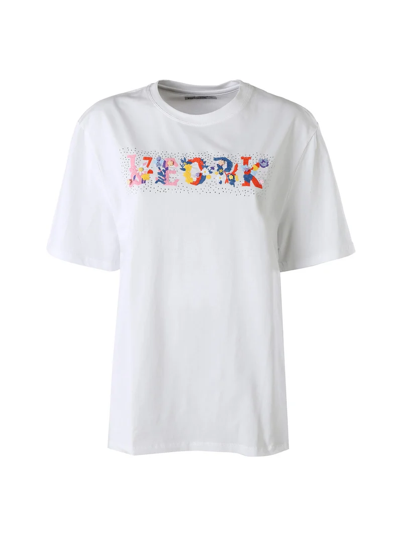 T-shirt donna in cotone oversize con ricami e strass - rosa