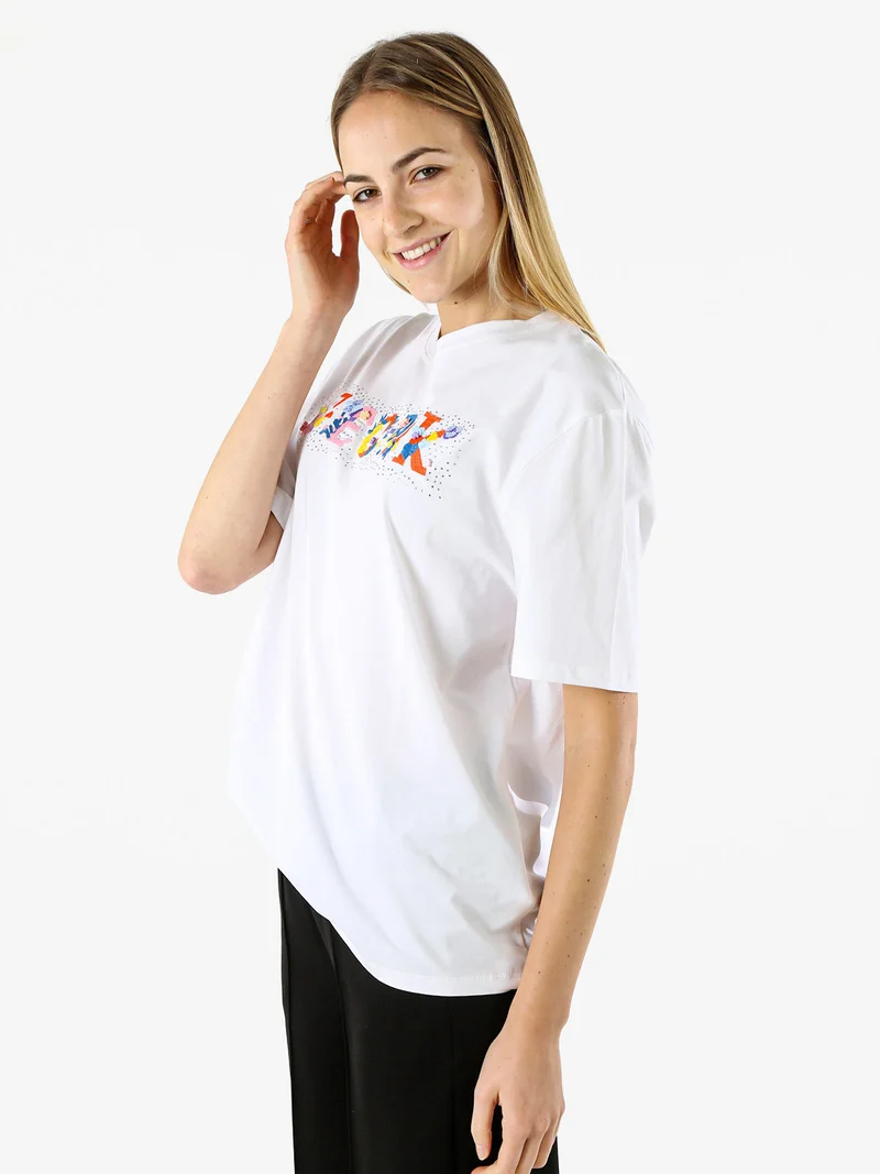 T-shirt donna in cotone oversize con ricami e strass - rosa