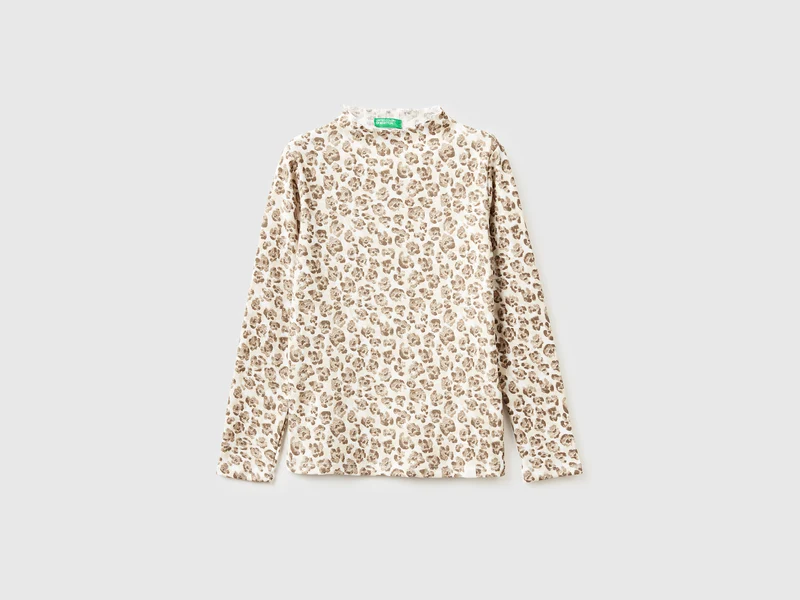 Beiges Rollkragen-T-Shirt mit Animal-Print