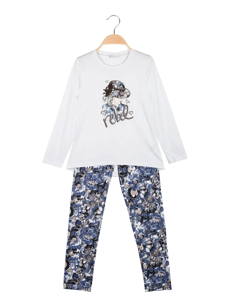 Completo 2 pezzi da bambina con leggings fiorato - blu
