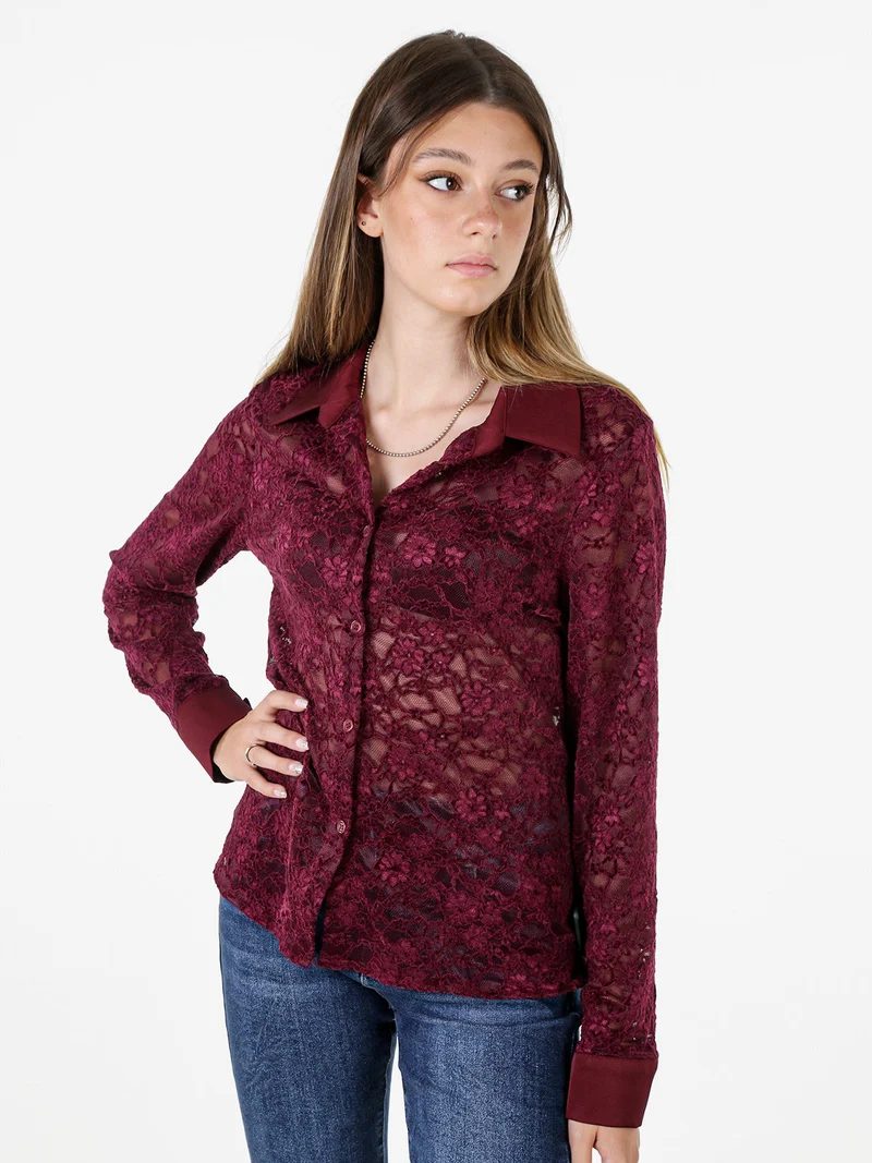 Camicia donna in pizzo con maniche lunghe e dettagli effetto raso - bordeaux