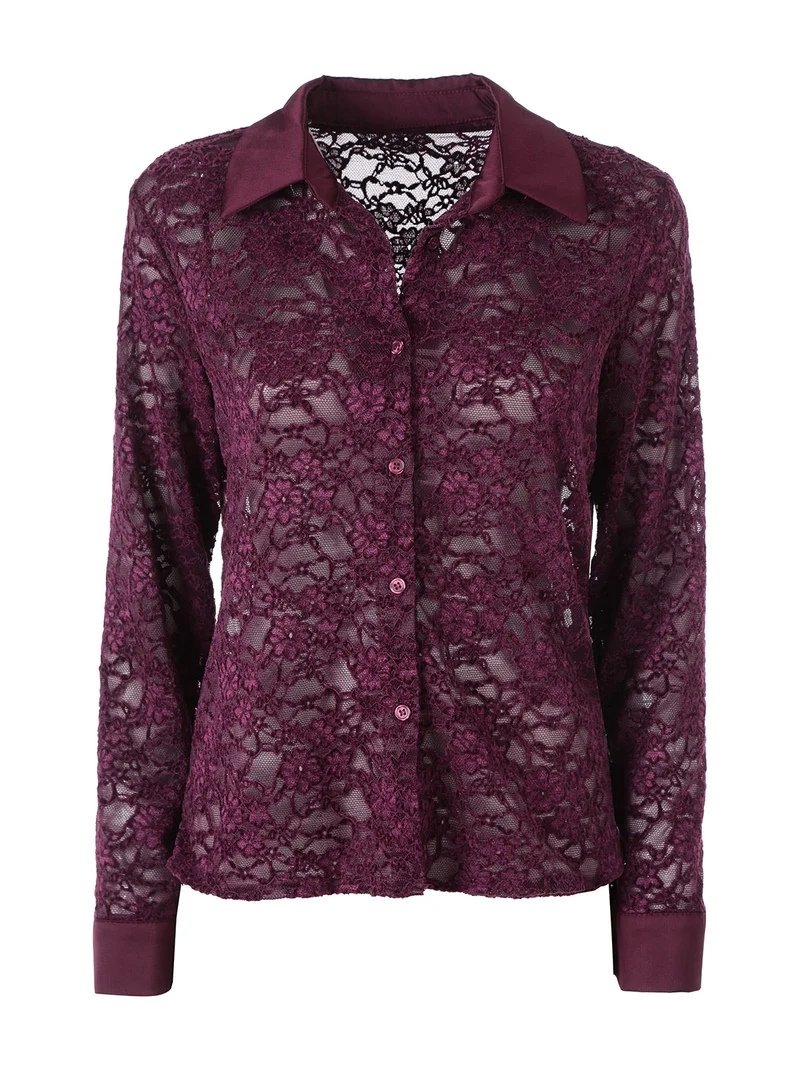 Camicia donna in pizzo con maniche lunghe e dettagli effetto raso - bordeaux