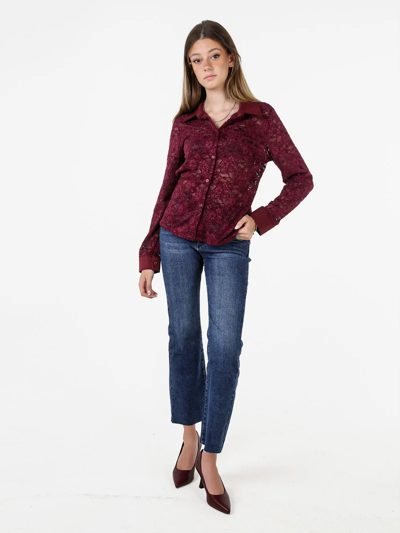 Camicia donna in pizzo con maniche lunghe e dettagli effetto raso - bordeaux