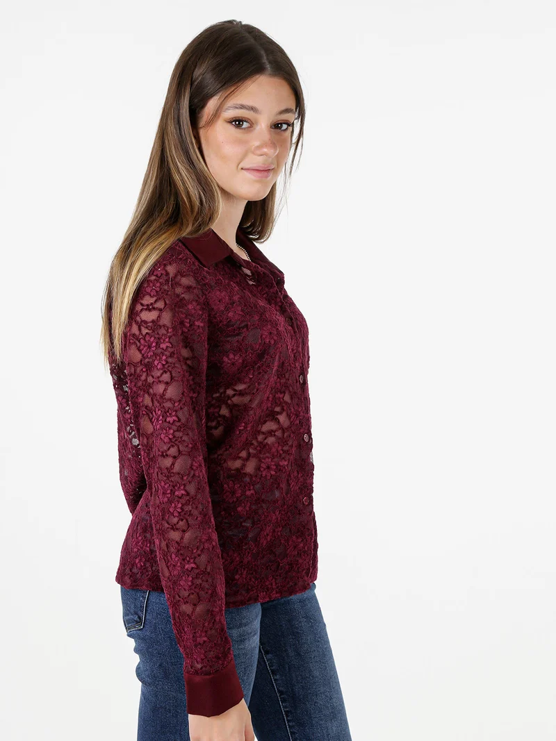 Camicia donna in pizzo con maniche lunghe e dettagli effetto raso - bordeaux