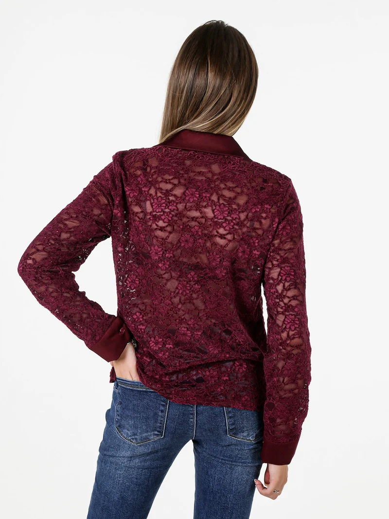 Camicia donna in pizzo con maniche lunghe e dettagli effetto raso - bordeaux