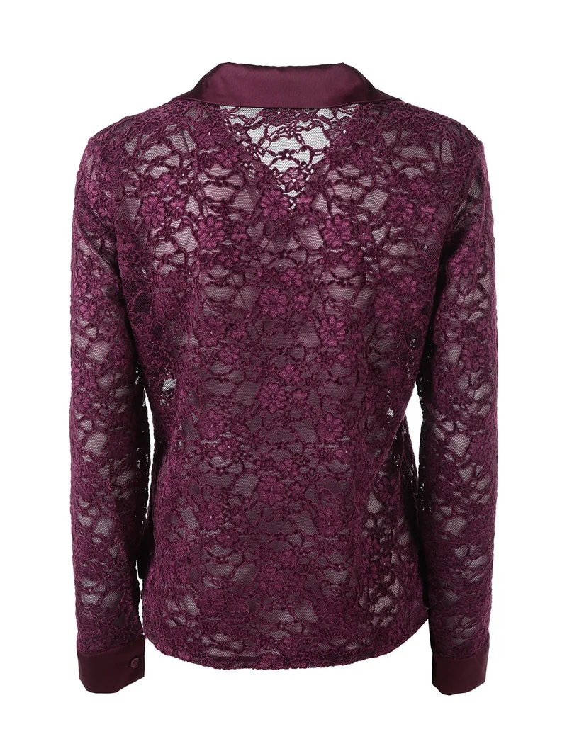 Camicia donna in pizzo con maniche lunghe e dettagli effetto raso - bordeaux