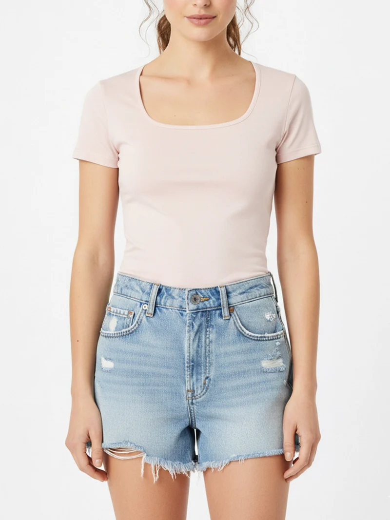 T-shirt da donna in cotone con scollo quadrato - rosa