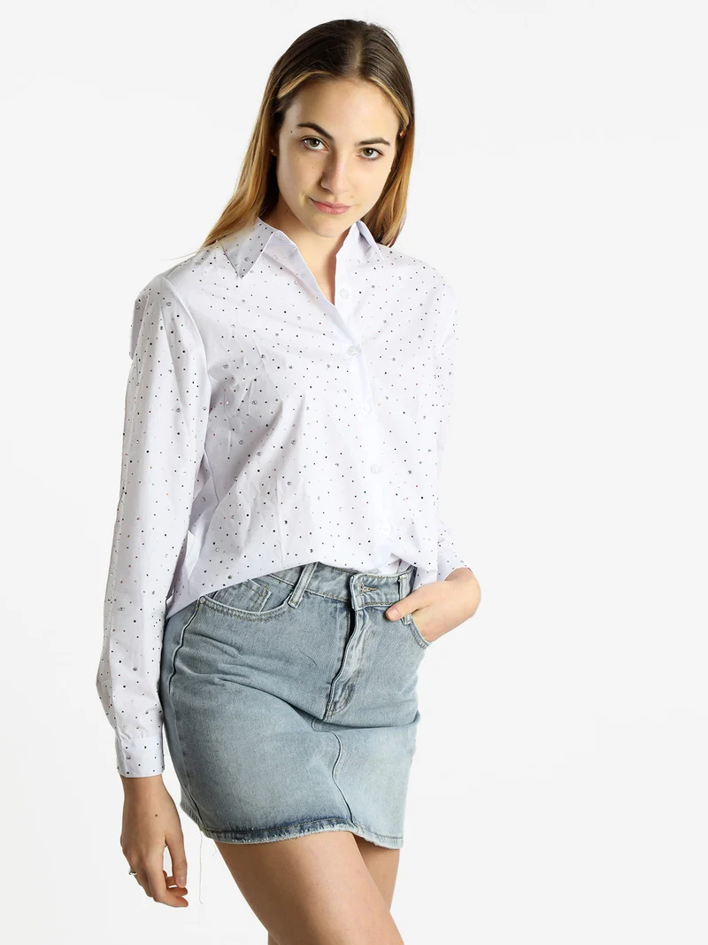 Camicia donna a maniche lunghe con strass colorati - bianco