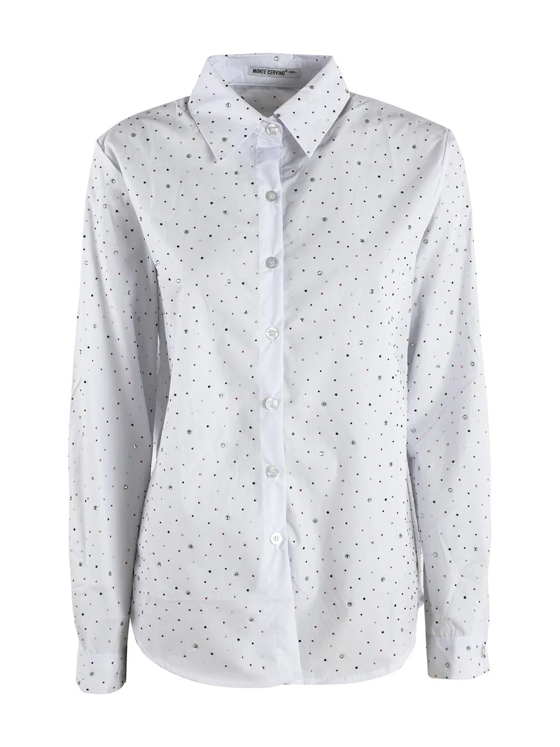 Camicia donna a maniche lunghe con strass colorati - bianco