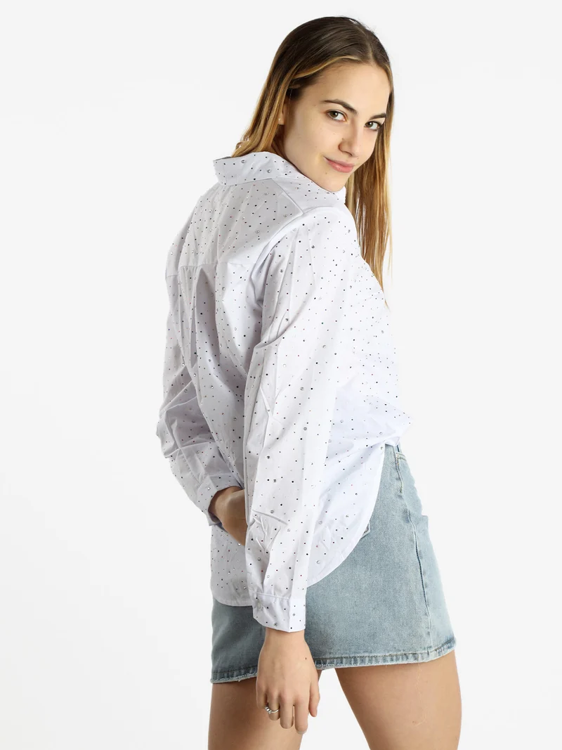 Camicia donna a maniche lunghe con strass colorati - bianco
