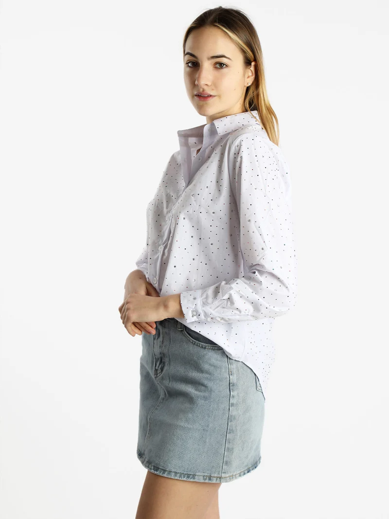 Camicia donna a maniche lunghe con strass colorati - bianco
