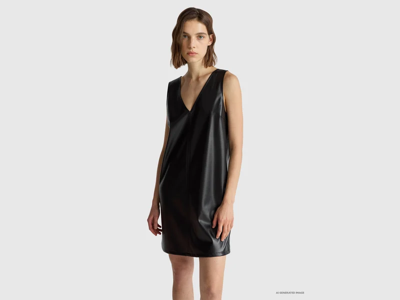 Kleid mit V-Ausschnitt aus beschichtetem Stoff