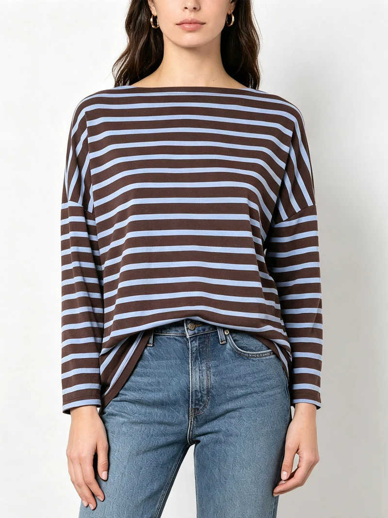 T-shirt donna oversize a maniche lunghe con stampa a righe - blu