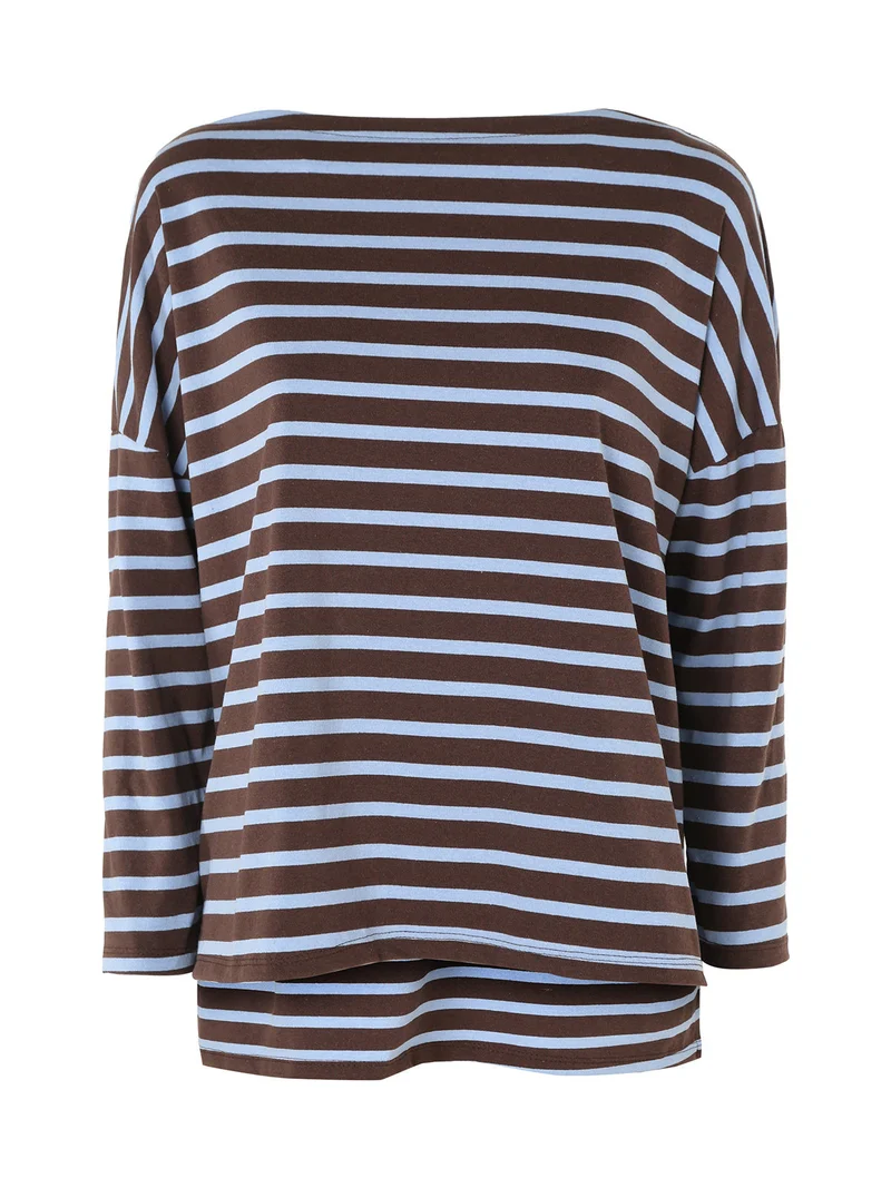 T-shirt donna oversize a maniche lunghe con stampa a righe - blu