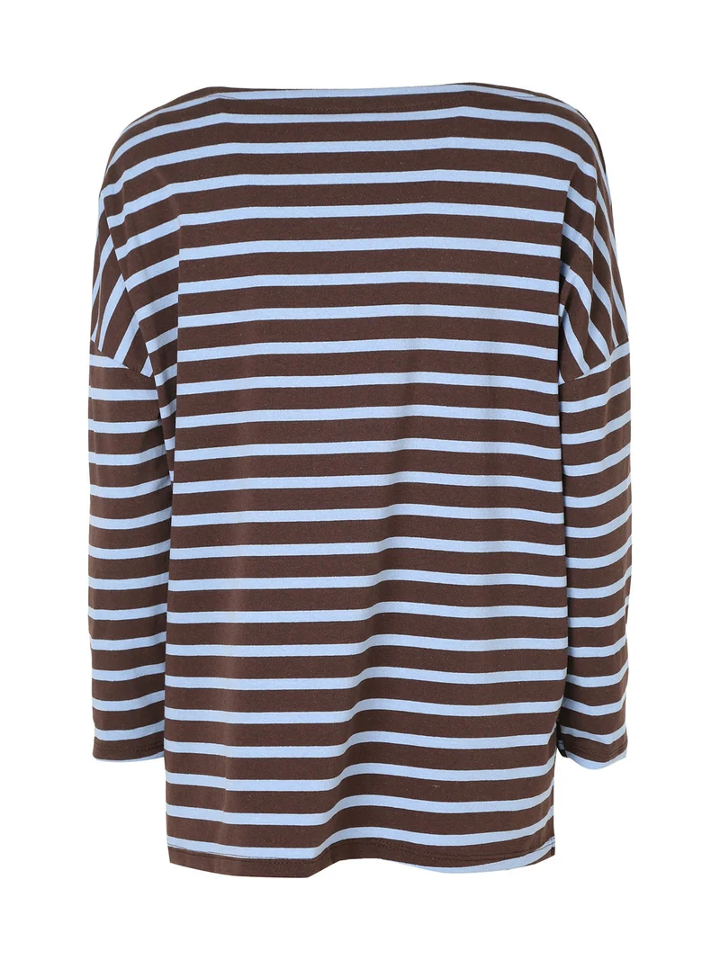 T-shirt donna oversize a maniche lunghe con stampa a righe - blu