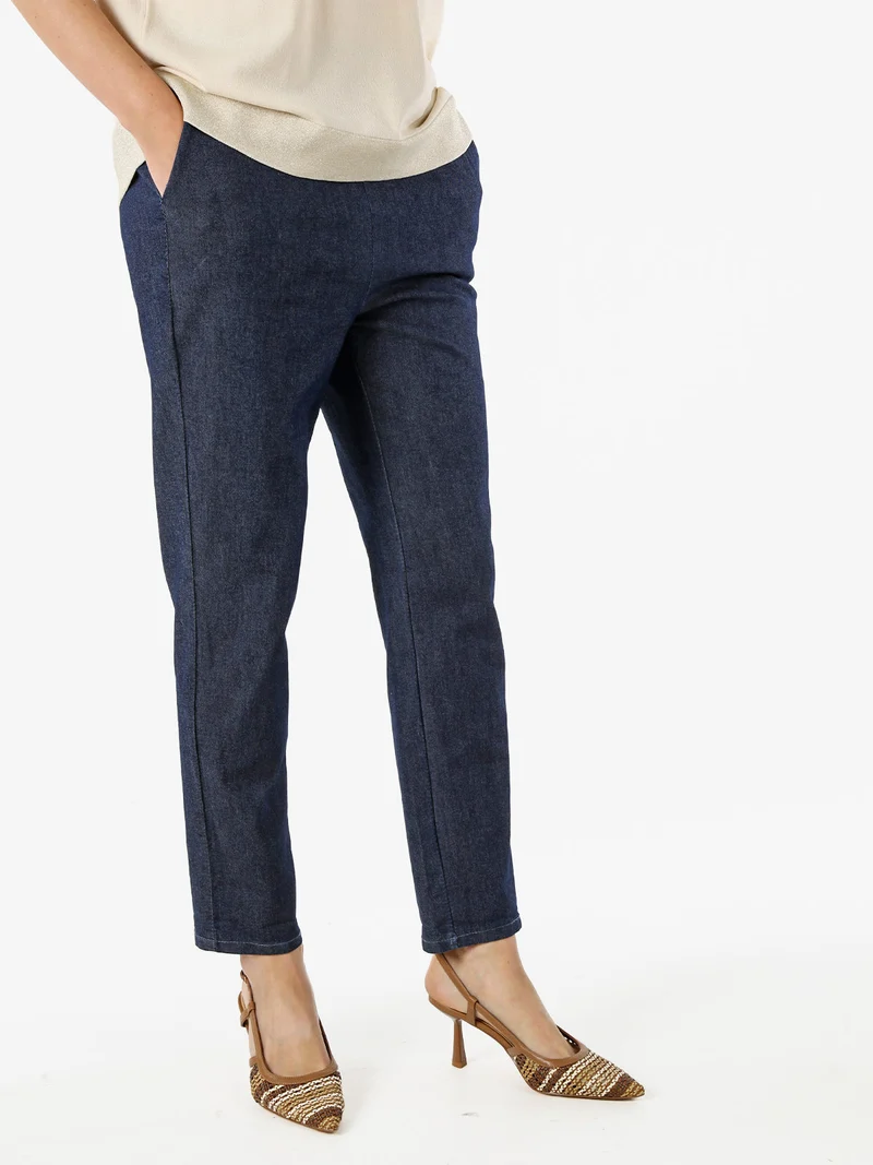 Pantaloni donna effetto jeans con elastico in vita - blu scuro