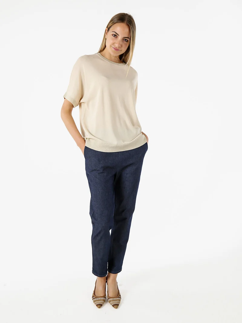 Pantaloni donna effetto jeans con elastico in vita - blu scuro
