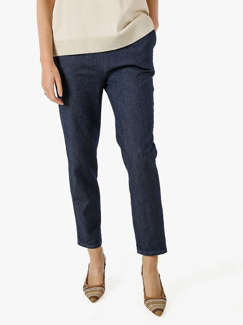 Pantaloni donna effetto jeans con elastico in vita - blu scuro