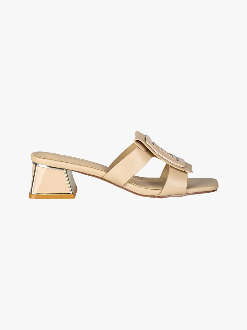Ciabatte donna con tacco basso a trapezio e logo - beige