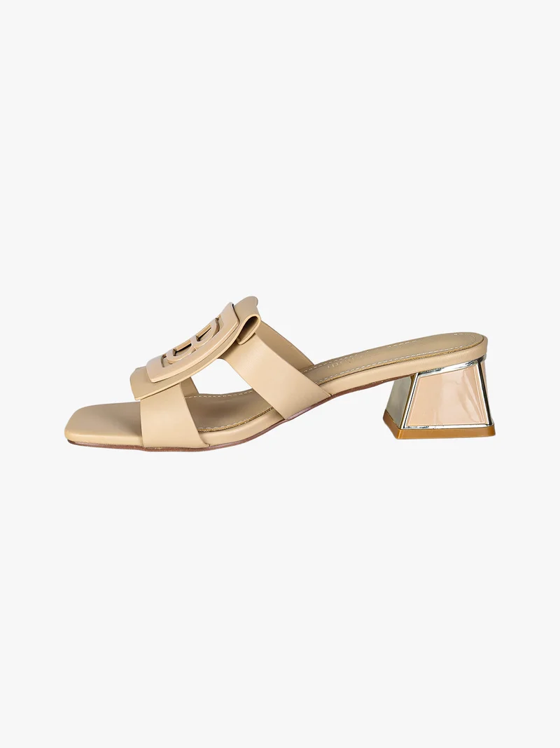Ciabatte donna con tacco basso a trapezio e logo - beige
