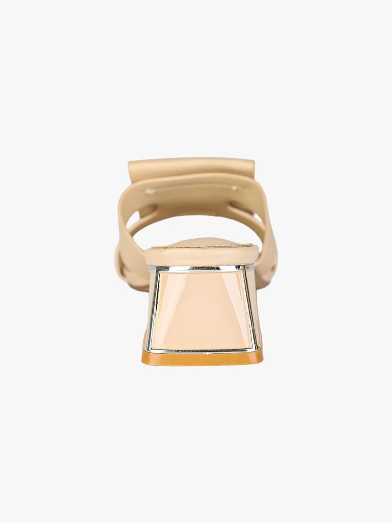 Ciabatte donna con tacco basso a trapezio e logo - beige