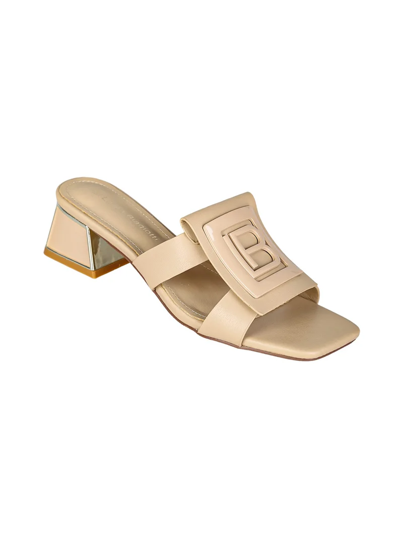 Ciabatte donna con tacco basso a trapezio e logo - beige