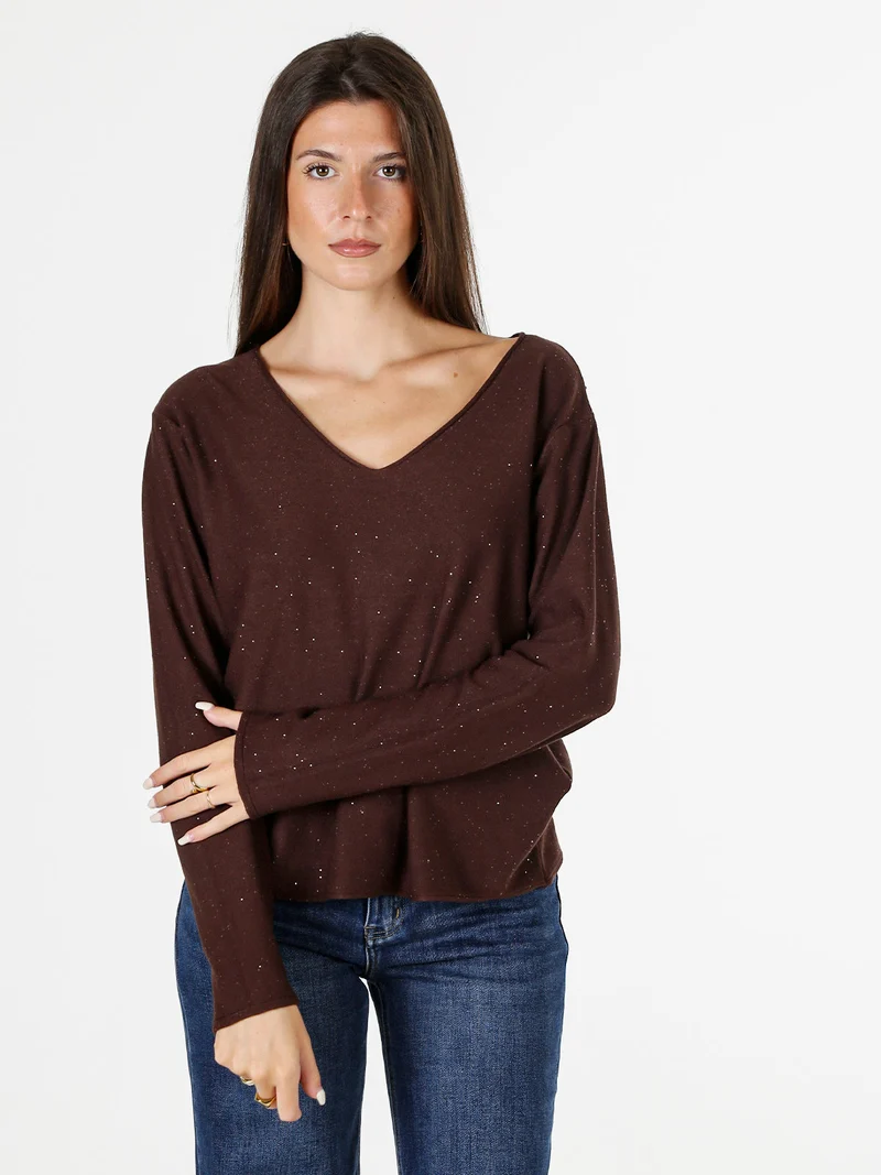 Maglia donna con scollo a V e dettagli di mini paillettes - moro
