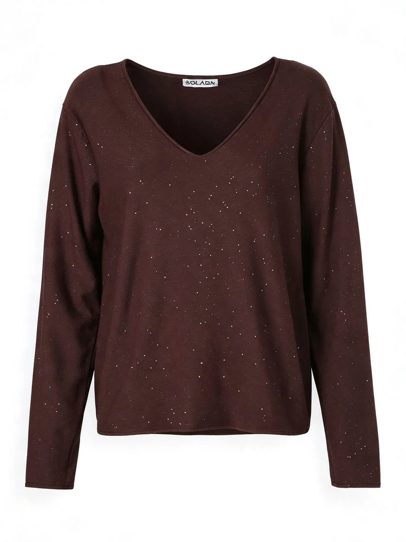 Maglia donna con scollo a V e dettagli di mini paillettes - moro